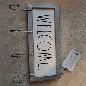Rae Dunn WELCOME galvanized wood sign wall hooks holder organizer